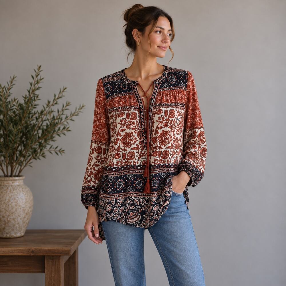 Lucky Brand Knit Floral Lace Front 3/4 Sleeve  Top size XS